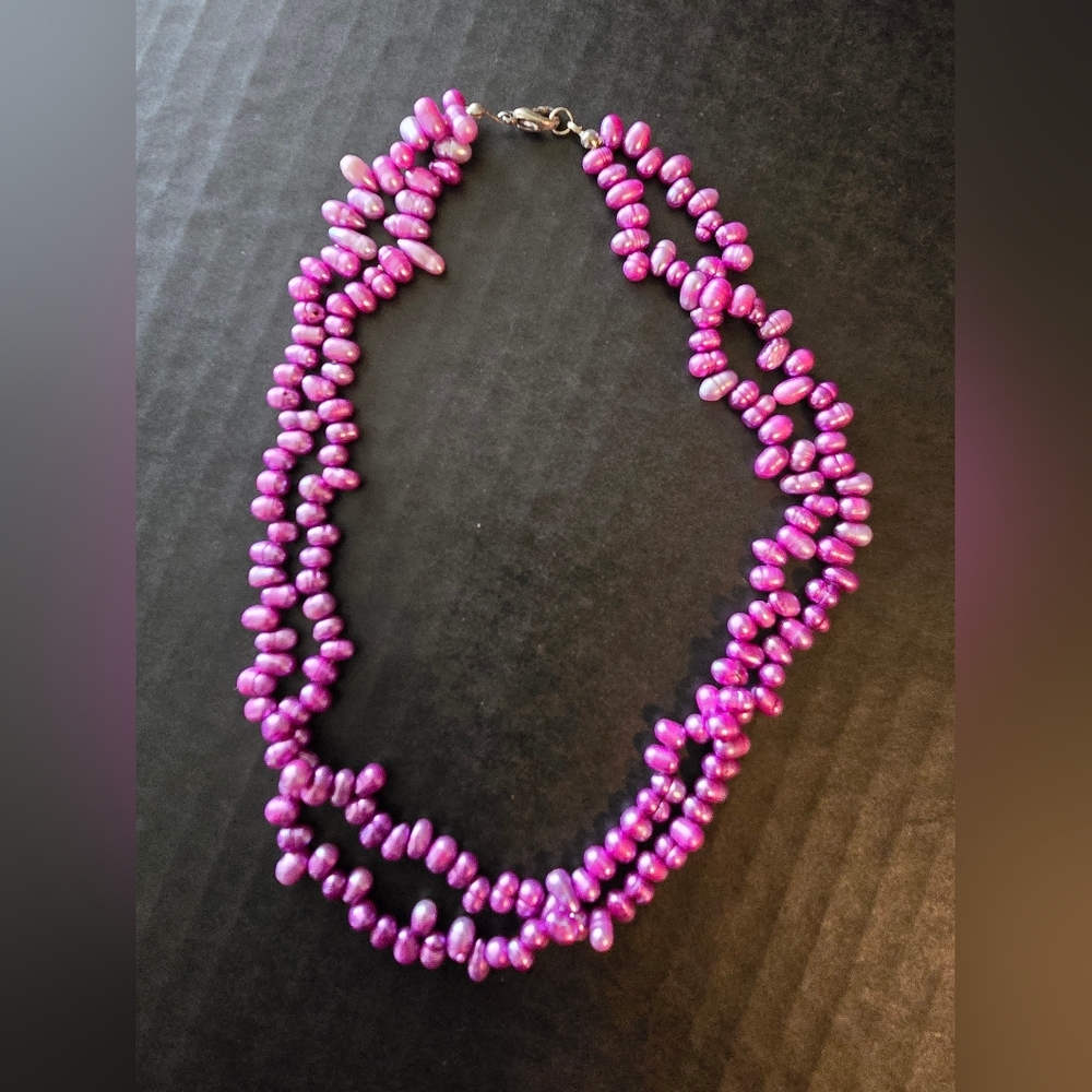 16" double strand natural seed pearl necklace, purple
